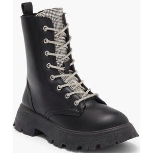 Wild Diva Black Rhinestone Lace Up Platform Combat Ankle Boots New With Defect